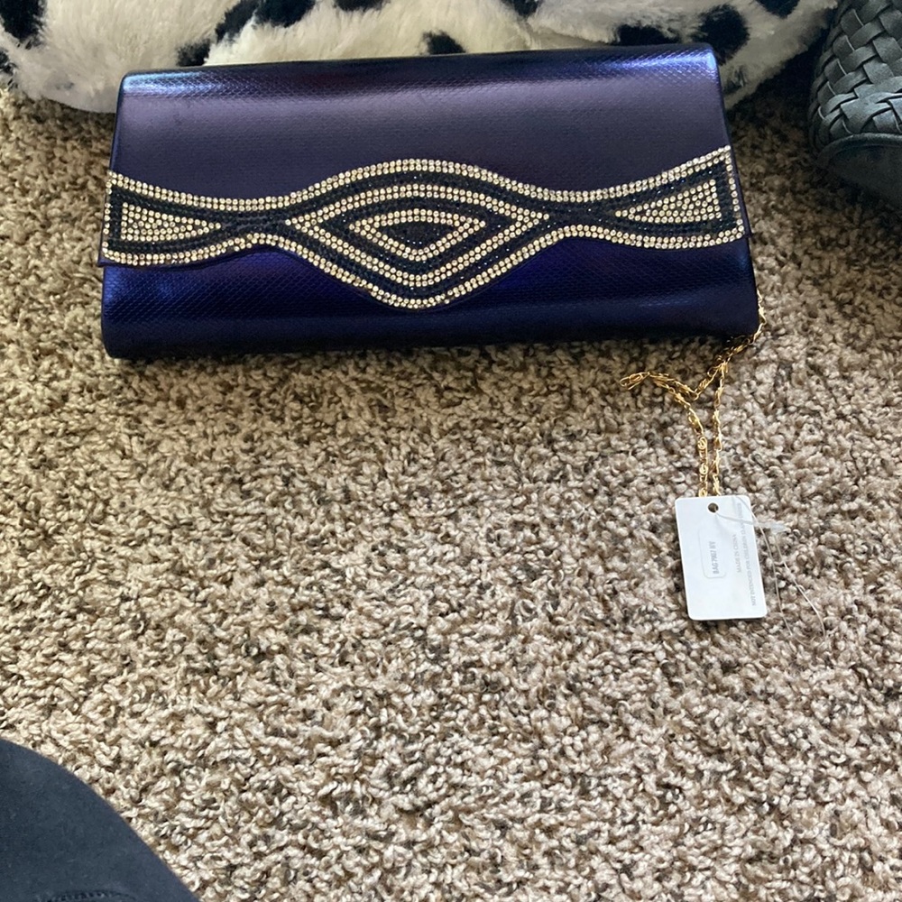 Never worn, blue, with accents, detachable strap, clutch
